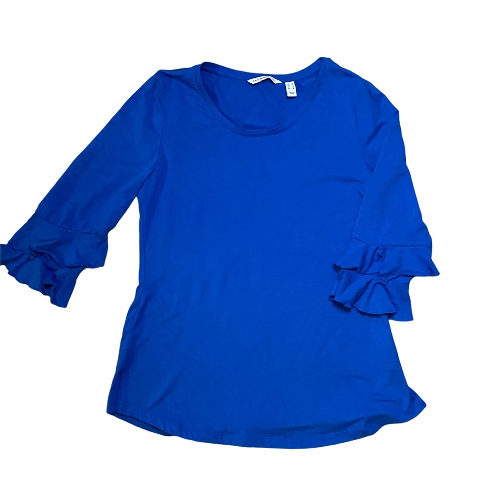 Isaac Mizrahi Live Blue shirt, ruffled sleeves L